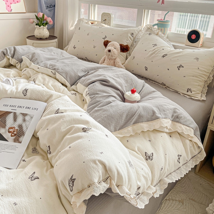 91家纺网 家纺一手货源 找家纺 典曼家纺 2025新款云感皱皱双层纱花边四件套 蝴蝶梦