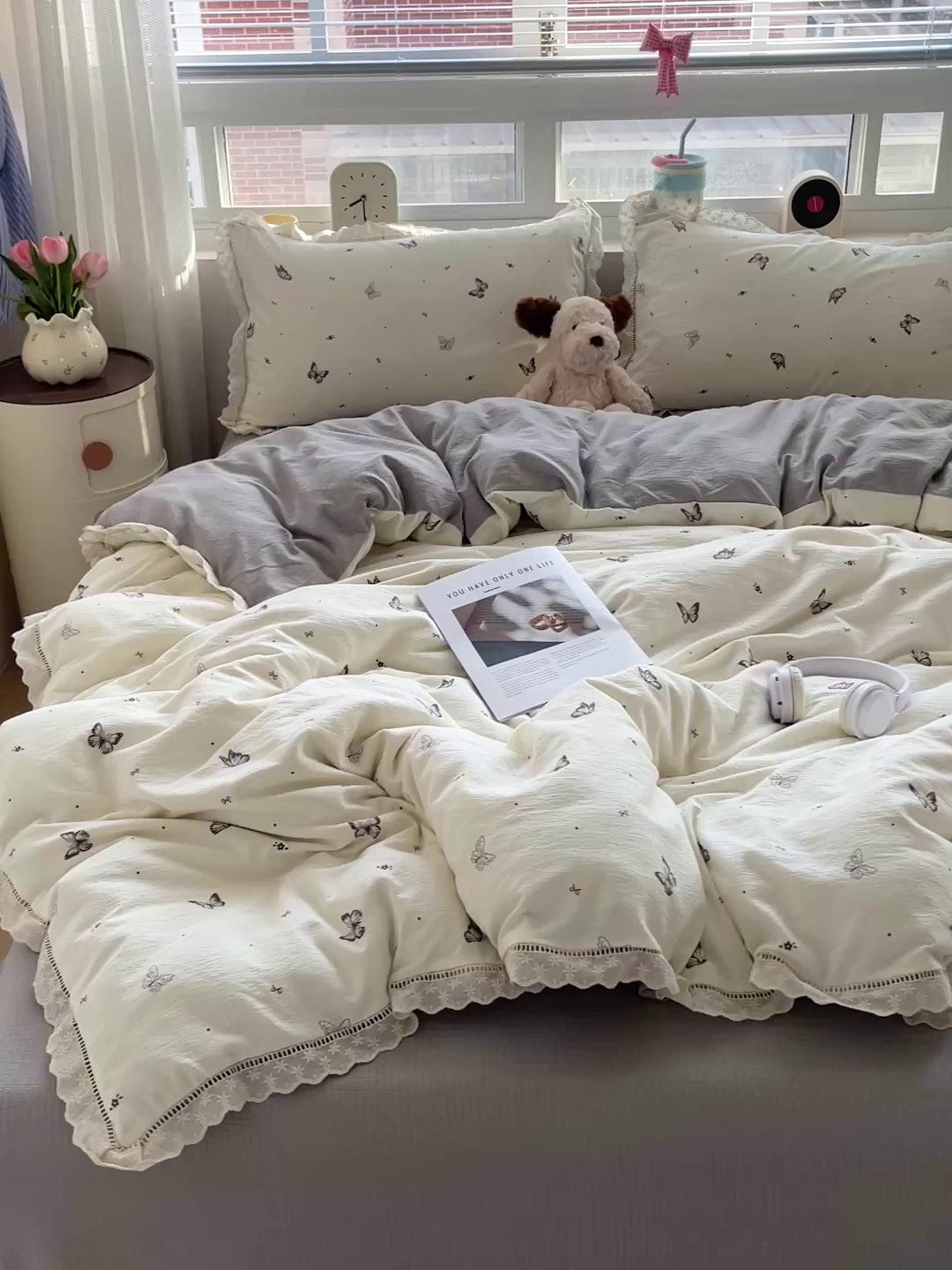 91家纺网 家纺一手货源 找家纺 典曼家纺 2025新款云感皱皱双层纱花边四件套 蝴蝶梦