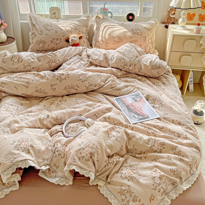 91家纺网 家纺一手货源 找家纺 典曼家纺 2025新款云感皱皱双层纱花边四件套 可颂