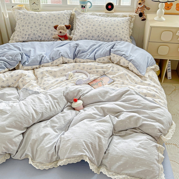 91家纺网 家纺一手货源 找家纺 典曼家纺 2025新款云感皱皱双层纱花边四件套 兰黛