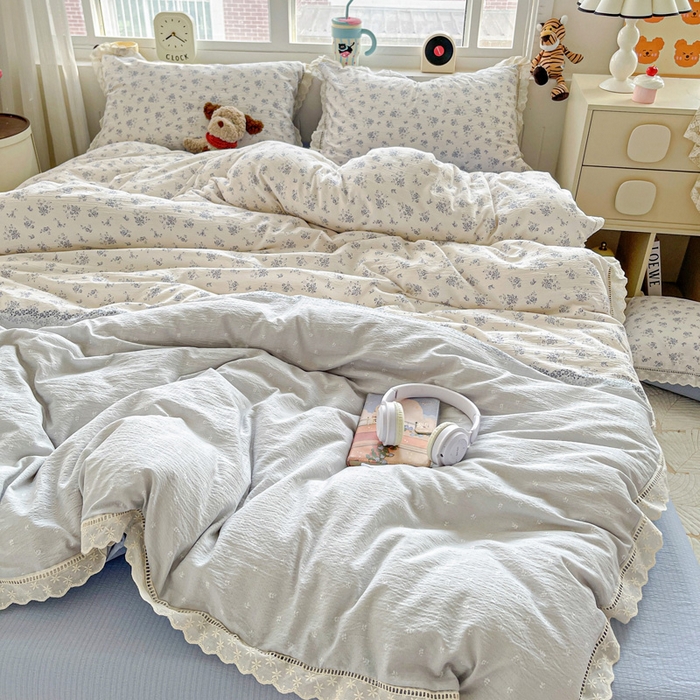 91家纺网 家纺一手货源 找家纺 典曼家纺 2025新款云感皱皱双层纱花边四件套 兰黛