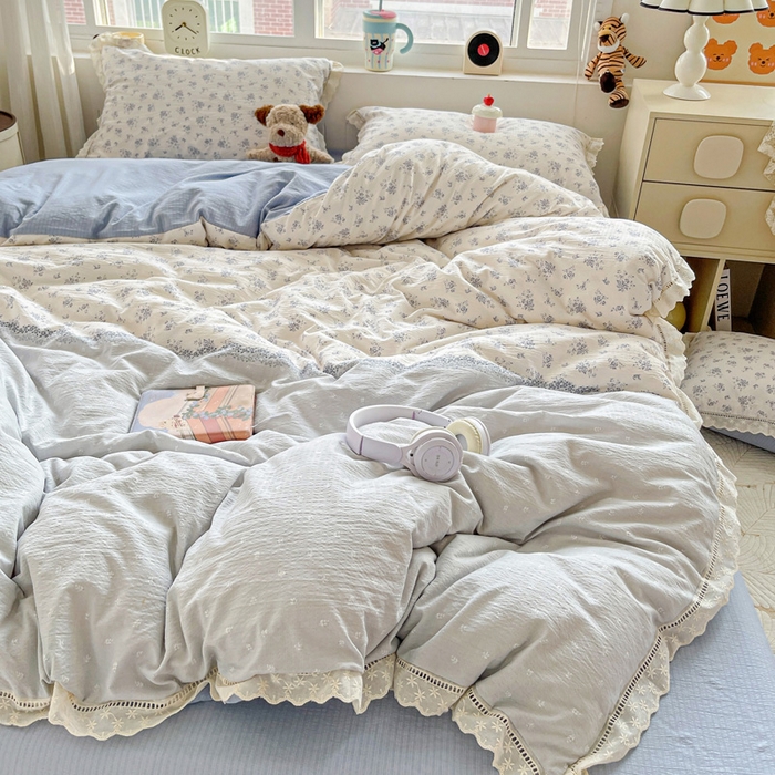 91家纺网 家纺一手货源 找家纺 典曼家纺 2025新款云感皱皱双层纱花边四件套 兰黛