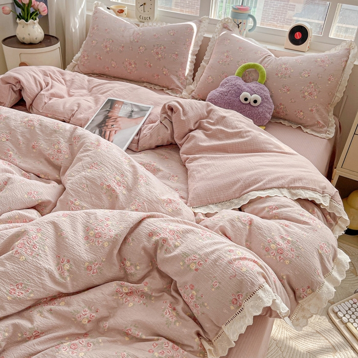 91家纺网 家纺一手货源 找家纺 典曼家纺 2025新款云感皱皱双层纱花边四件套 素颜