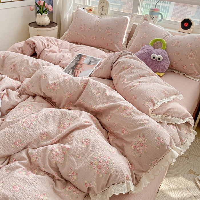 91家纺网 家纺一手货源 找家纺 典曼家纺 2025新款云感皱皱双层纱花边四件套 素颜