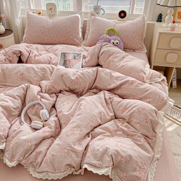 91家纺网 家纺一手货源 找家纺 典曼家纺 2025新款云感皱皱双层纱花边四件套 素颜