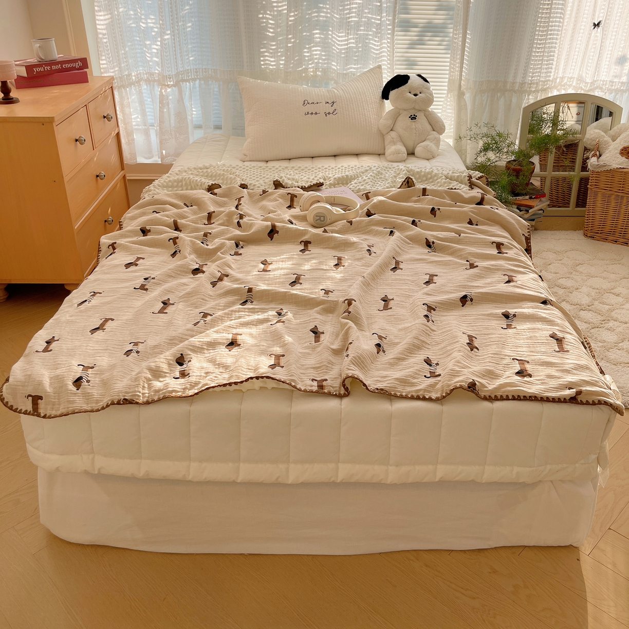 三朵家纺 2025新款全棉纯棉绉绉纱+宝宝绒多功能毯盖毯毯子 萌萌狗