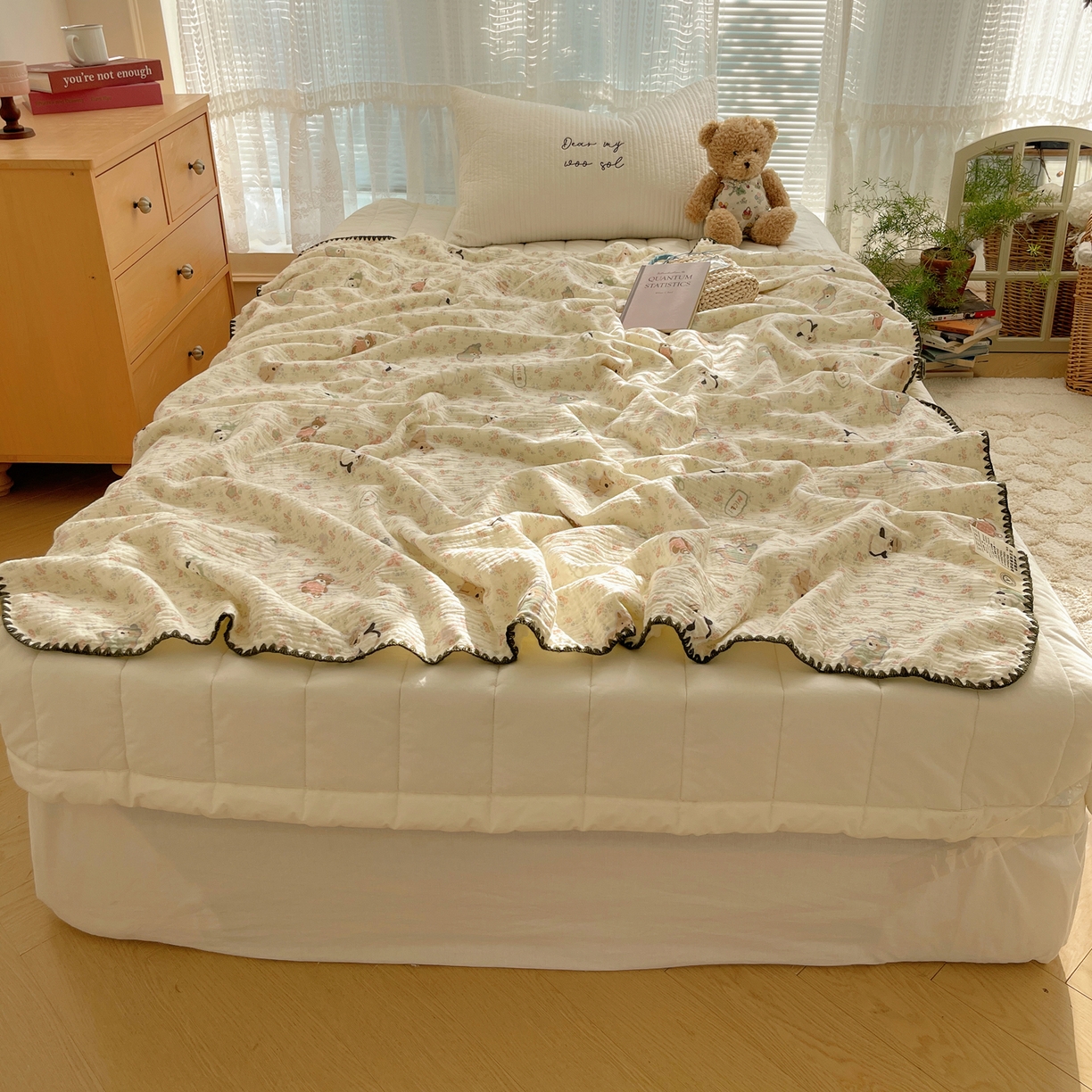 三朵家纺 2025新款全棉纯棉绉绉纱+宝宝绒多功能毯盖毯毯子 开心花园