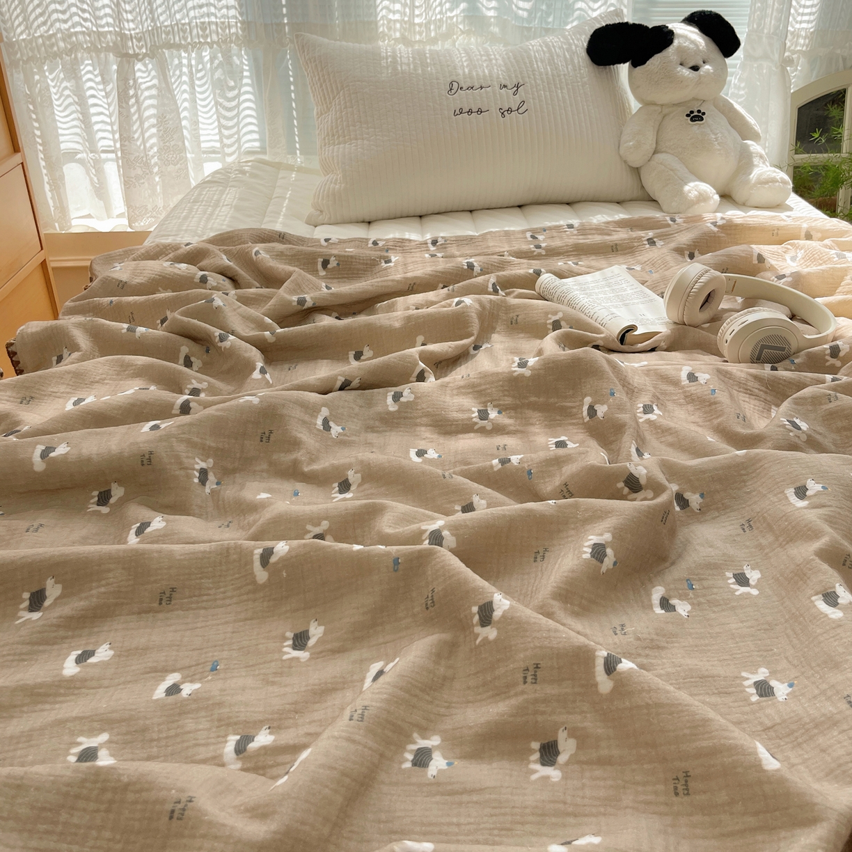 91家纺网 家纺一手货源 找家纺 三朵家纺 2025新款全棉纯棉绉绉纱+宝宝绒多功能毯盖毯毯子 甜心狗