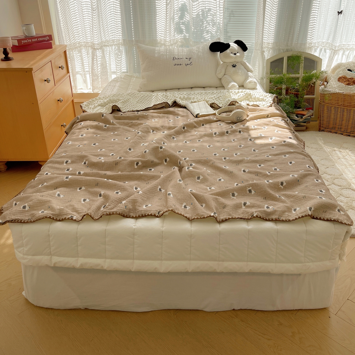 三朵家纺 2025新款全棉纯棉绉绉纱+宝宝绒多功能毯盖毯毯子 甜心狗