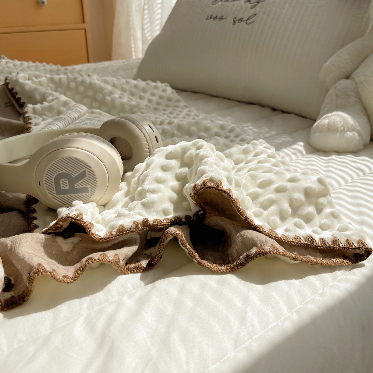 91家纺网 家纺一手货源 找家纺 三朵家纺 2025新款全棉纯棉绉绉纱+宝宝绒多功能毯盖毯毯子 甜心狗