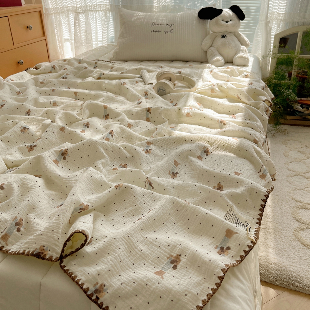 91家纺网 家纺一手货源 找家纺 三朵家纺 2025新款全棉纯棉绉绉纱+宝宝绒多功能毯盖毯毯子 小确幸