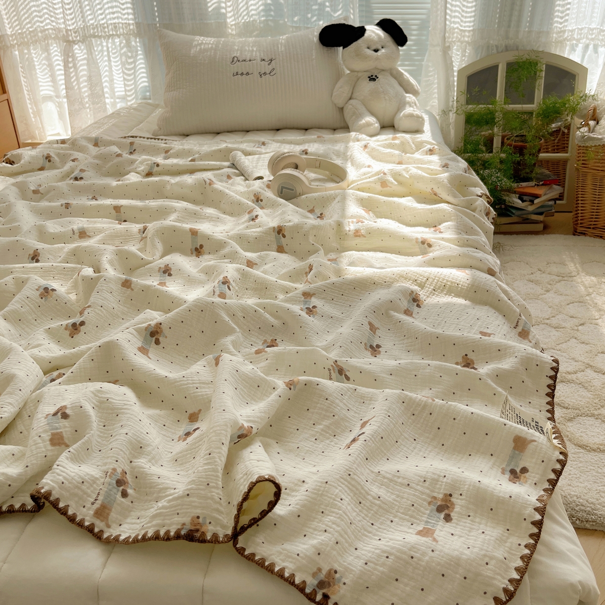 91家纺网 家纺一手货源 找家纺 三朵家纺 2025新款全棉纯棉绉绉纱+宝宝绒多功能毯盖毯毯子 小确幸