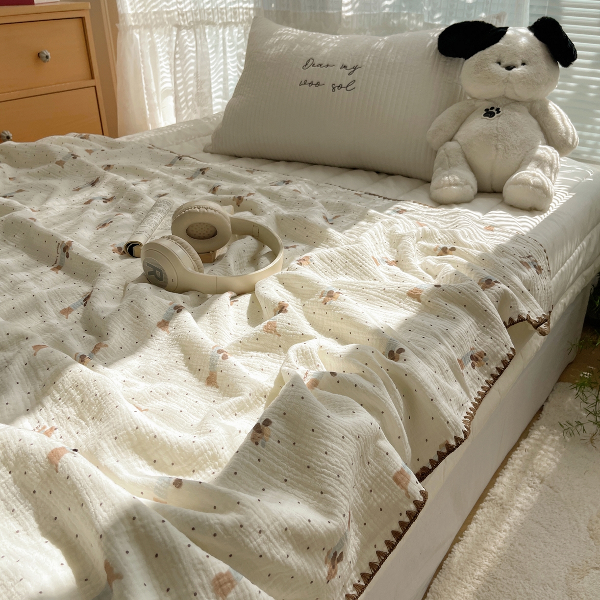 91家纺网 家纺一手货源 找家纺 三朵家纺 2025新款全棉纯棉绉绉纱+宝宝绒多功能毯盖毯毯子 小确幸