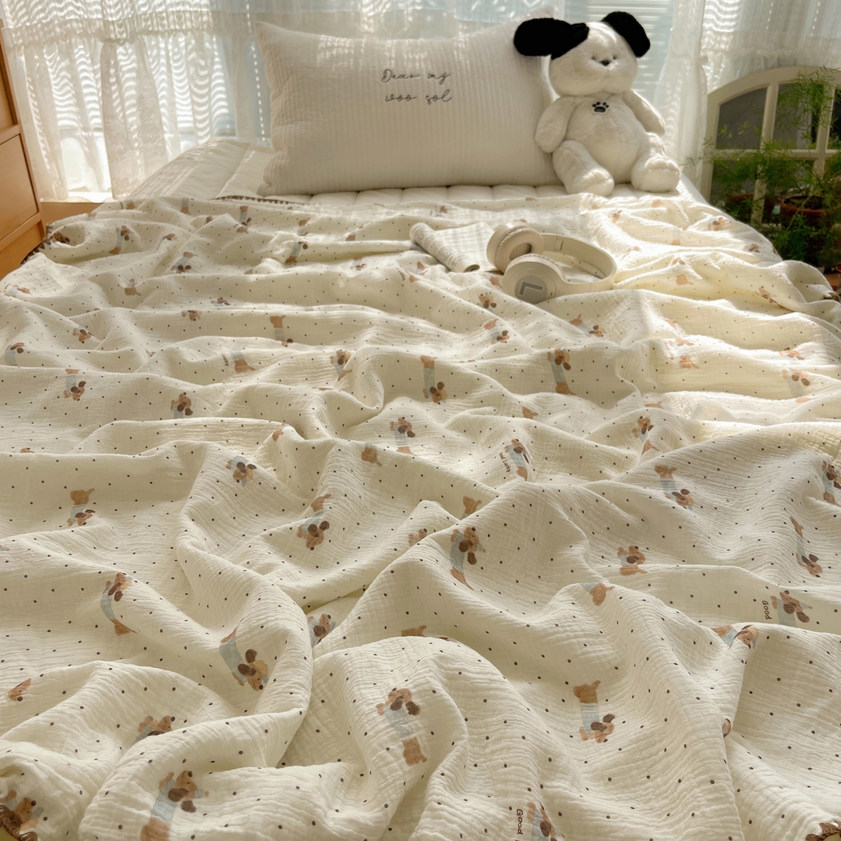 91家纺网 家纺一手货源 找家纺 三朵家纺 2025新款全棉纯棉绉绉纱+宝宝绒多功能毯盖毯毯子 小确幸