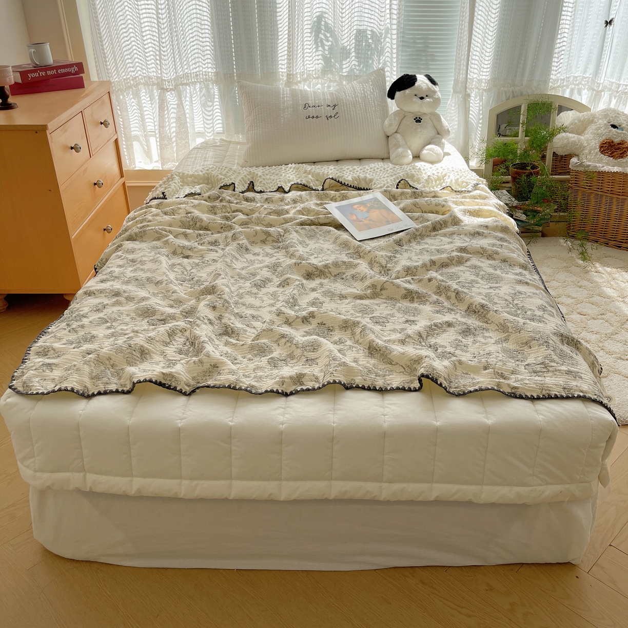 三朵家纺 2025新款全棉纯棉绉绉纱+宝宝绒多功能毯盖毯毯子 罗曼花园