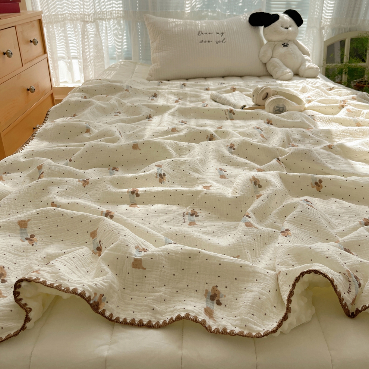 91家纺网 家纺一手货源 找家纺 三朵家纺 2025新款全棉纯棉绉绉纱+宝宝绒多功能毯盖毯毯子 小确幸