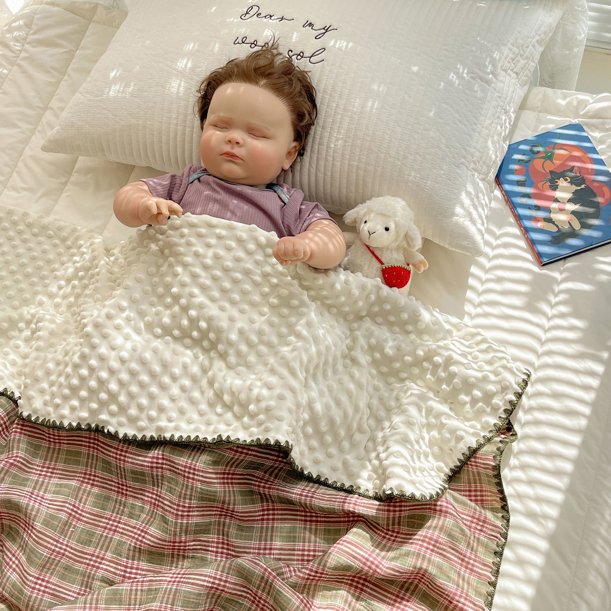 91家纺网 家纺一手货源 找家纺 三朵家纺 2025新款全棉纯棉绉绉纱+宝宝绒多功能毯盖毯毯子 初享时光