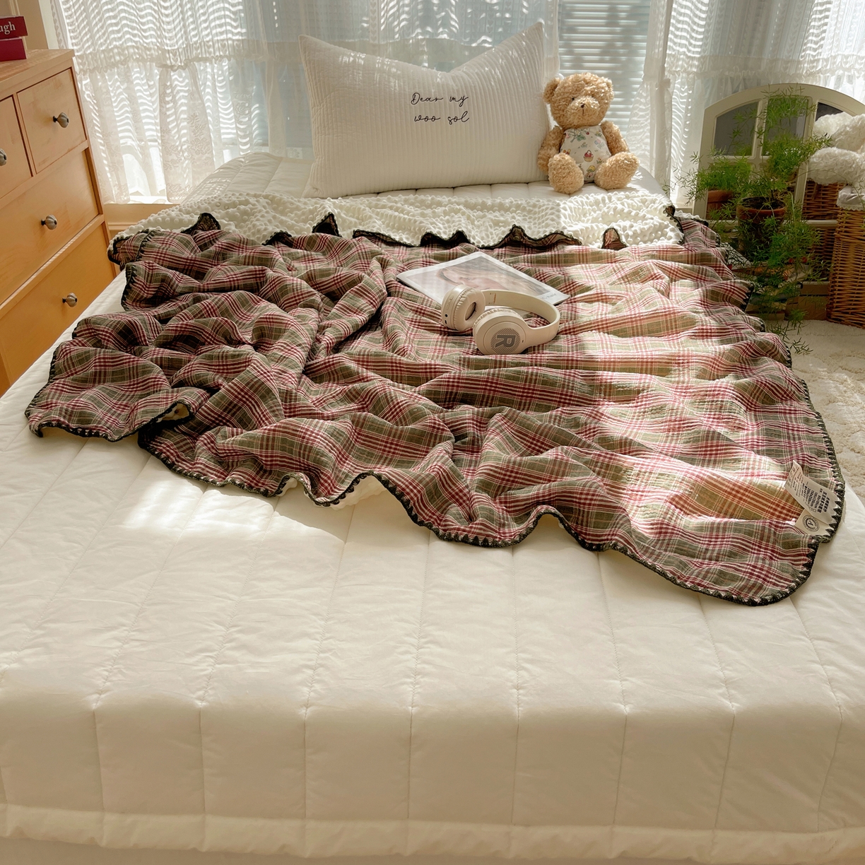 91家纺网 家纺一手货源 找家纺 三朵家纺 2025新款全棉纯棉绉绉纱+宝宝绒多功能毯盖毯毯子 初享时光