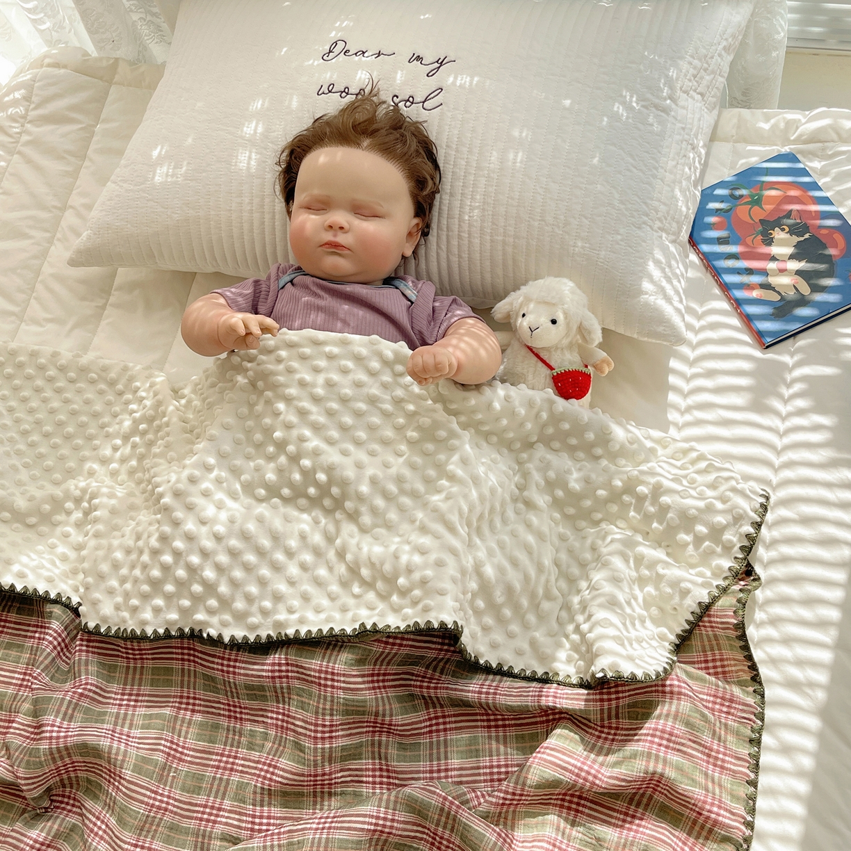 91家纺网 家纺一手货源 找家纺 三朵家纺 2025新款全棉纯棉绉绉纱+宝宝绒多功能毯盖毯毯子 初享时光