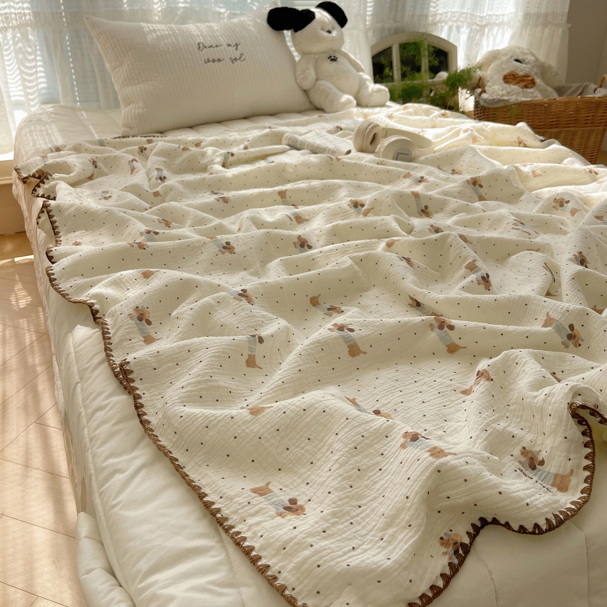 91家纺网 家纺一手货源 找家纺 三朵家纺 2025新款全棉纯棉绉绉纱+宝宝绒多功能毯盖毯毯子 小确幸