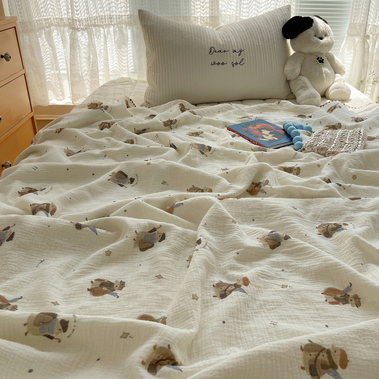 91家纺网 家纺一手货源 找家纺 三朵家纺 2025新款全棉纯棉绉绉纱+宝宝绒多功能毯盖毯毯子 森林公主