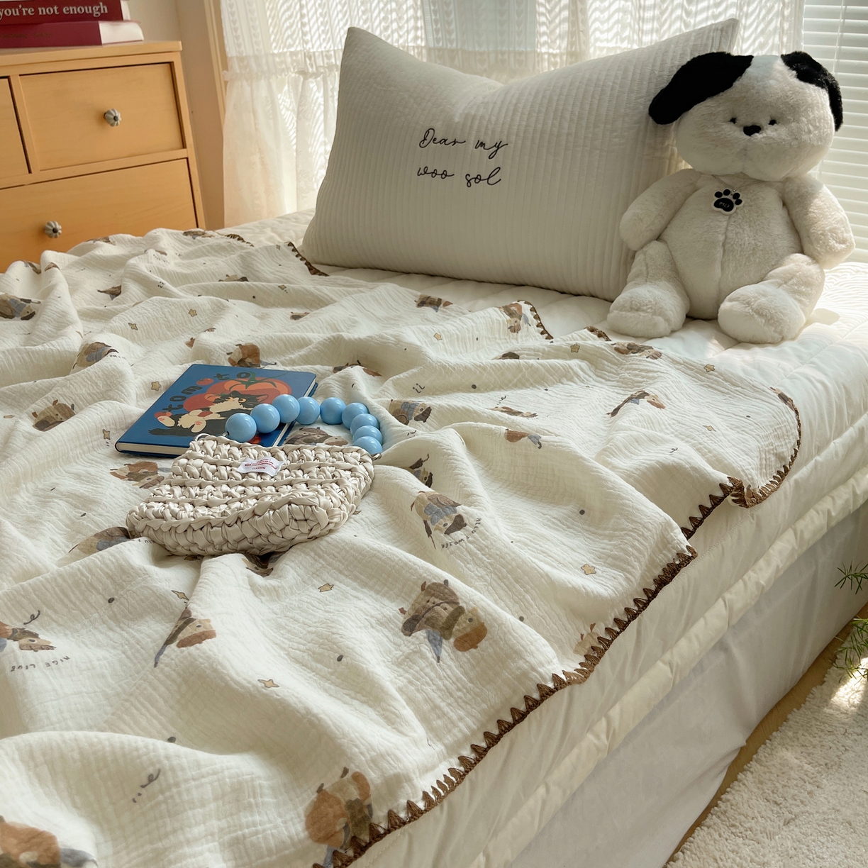 91家纺网 家纺一手货源 找家纺 三朵家纺 2025新款全棉纯棉绉绉纱+宝宝绒多功能毯盖毯毯子 森林公主