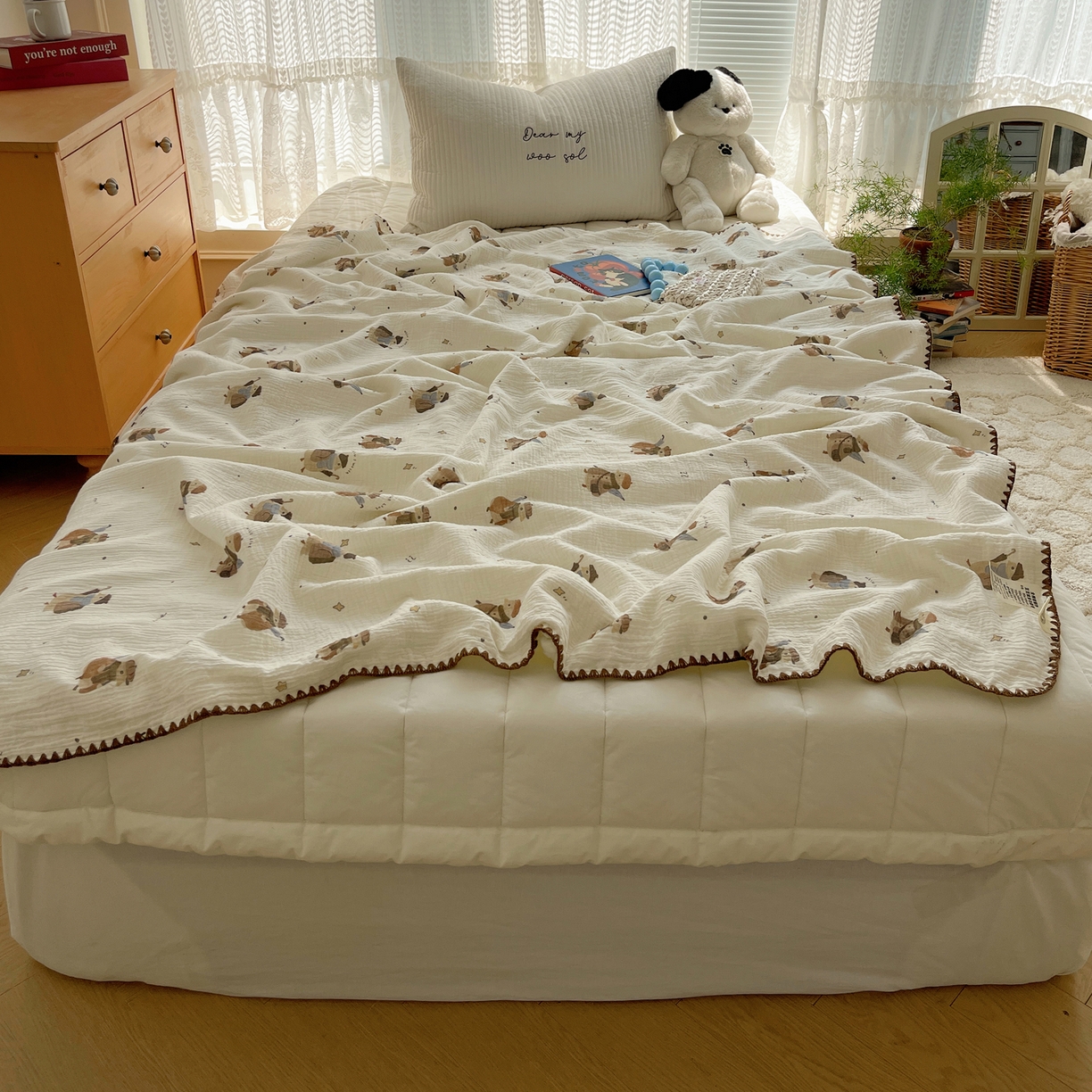 91家纺网 家纺一手货源 找家纺 三朵家纺 2025新款全棉纯棉绉绉纱+宝宝绒多功能毯盖毯毯子 森林公主