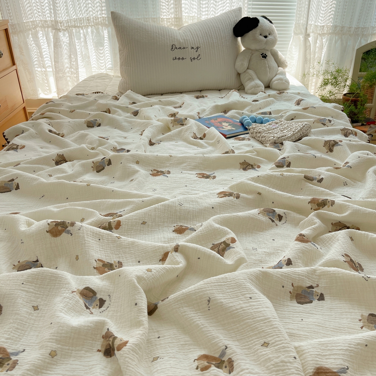 91家纺网 家纺一手货源 找家纺 三朵家纺 2025新款全棉纯棉绉绉纱+宝宝绒多功能毯盖毯毯子 森林公主