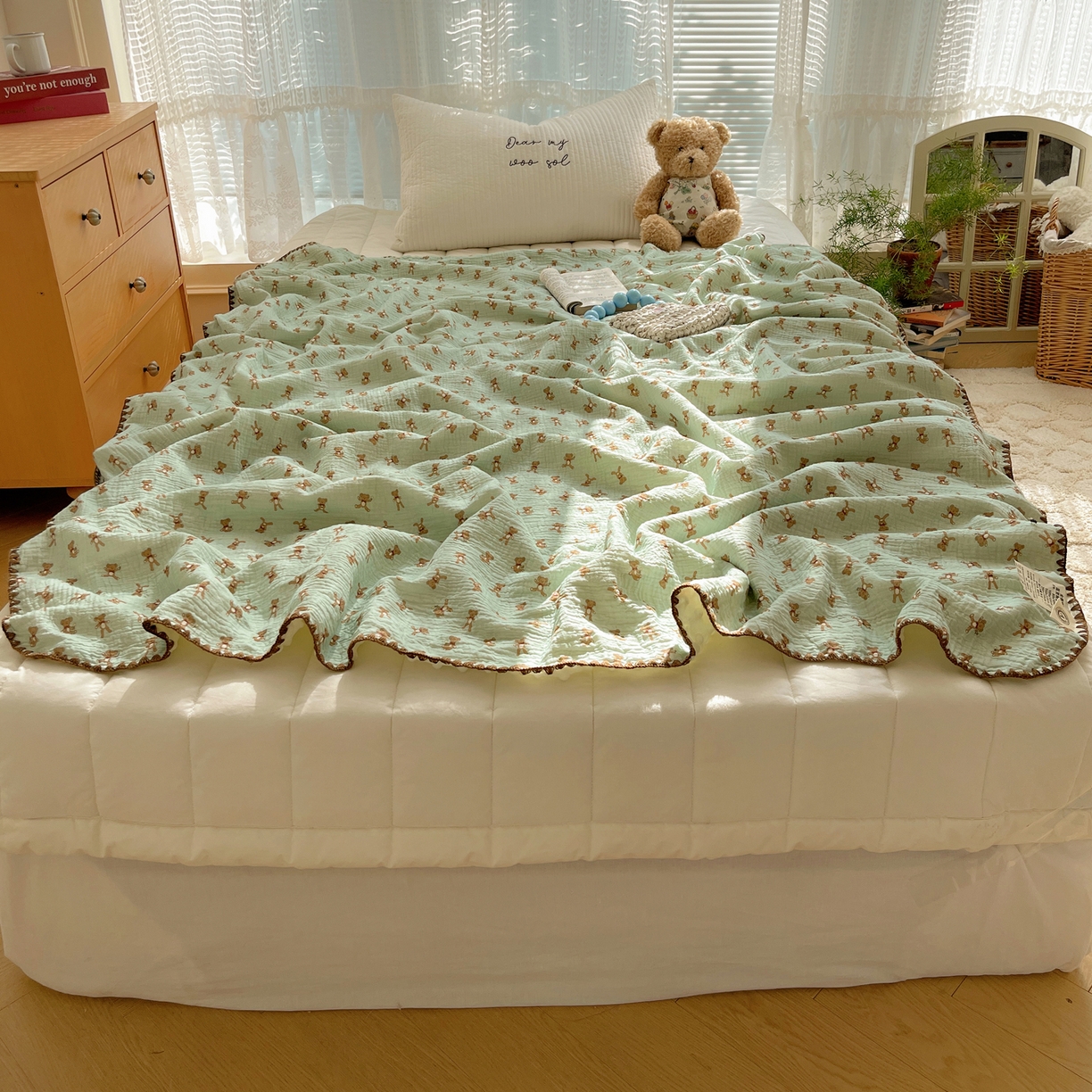 三朵家纺 2025新款全棉纯棉绉绉纱+宝宝绒多功能毯盖毯毯子 复古小熊