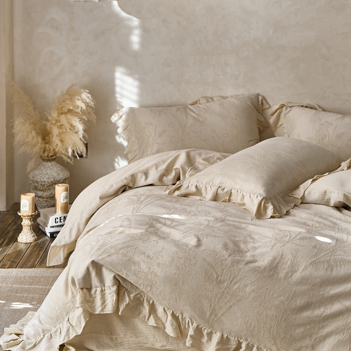 91家纺网 家纺一手货源 找家纺 （总）清雅福 2025秋冬新品棉麻提花花边款四件套