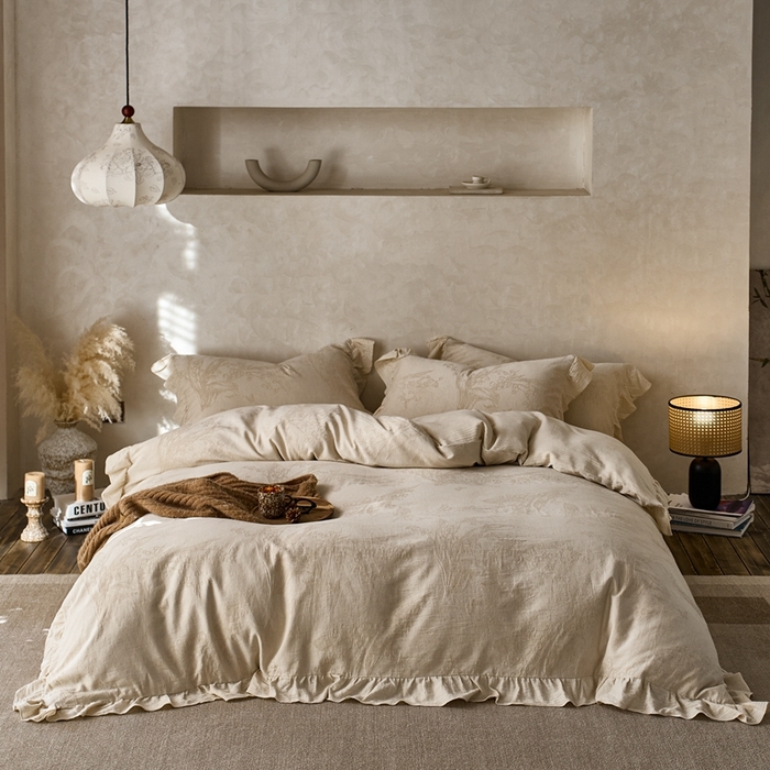 91家纺网 家纺一手货源 找家纺 清雅福 2025秋冬新品棉麻提花花边款四件套 蓝风铃