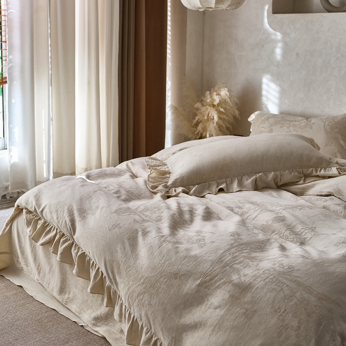 91家纺网 家纺一手货源 找家纺 清雅福 2025秋冬新品棉麻提花花边款四件套 蓝风铃