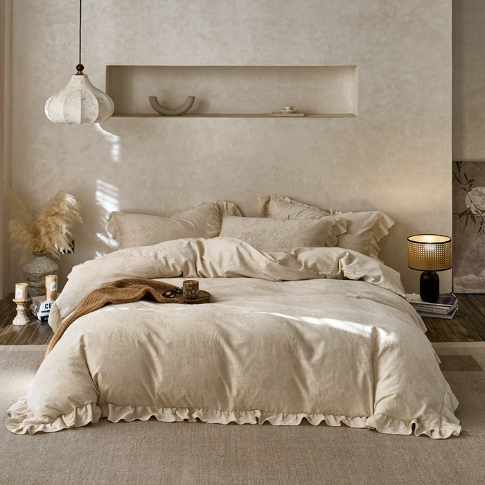 91家纺网 家纺一手货源 找家纺 清雅福 2025秋冬新品棉麻提花花边款四件套 华尔兹