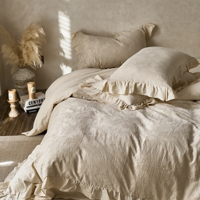 91家纺网 家纺一手货源 找家纺 清雅福 2025秋冬新品棉麻提花花边款四件套 闵岭