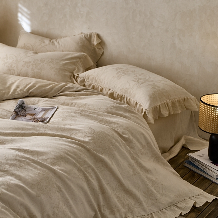 91家纺网 家纺一手货源 找家纺 清雅福 2025秋冬新品棉麻提花花边款四件套 华尔兹