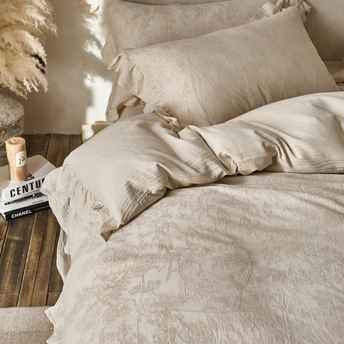 91家纺网 家纺一手货源 找家纺 清雅福 2025秋冬新品棉麻提花花边款四件套 闵岭