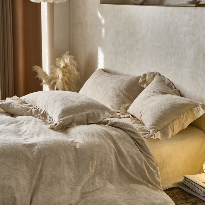 91家纺网 家纺一手货源 找家纺 清雅福 2025秋冬新品棉麻提花花边款四件套 闵岭