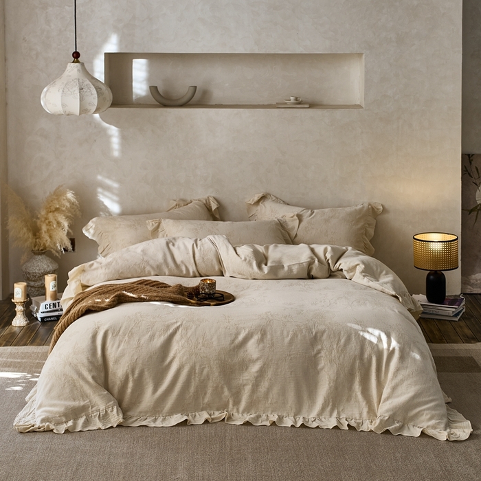 91家纺网 家纺一手货源 找家纺 清雅福 2025秋冬新品棉麻提花花边款四件套 泽颢