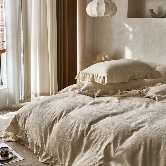 91家纺网 家纺一手货源 找家纺 清雅福 2025秋冬新品棉麻提花花边款四件套 闵岭