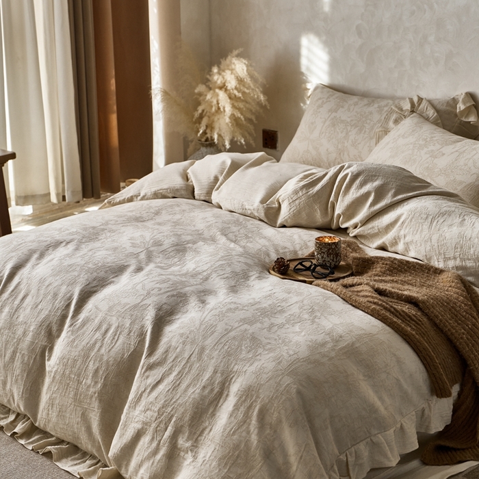 91家纺网 家纺一手货源 找家纺 清雅福 2025秋冬新品棉麻提花花边款四件套 闵岭