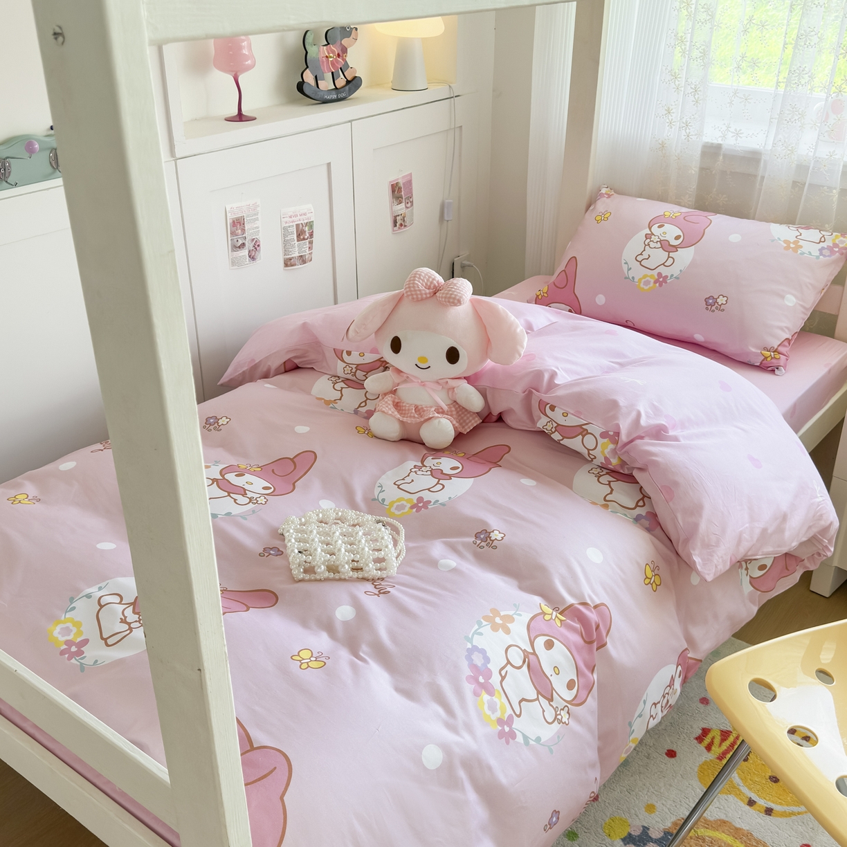 91家纺网 家纺一手货源 找家纺 浩诚 2025新款三丽鸥专版花型全棉纯棉学生三件套四件套 粉雾