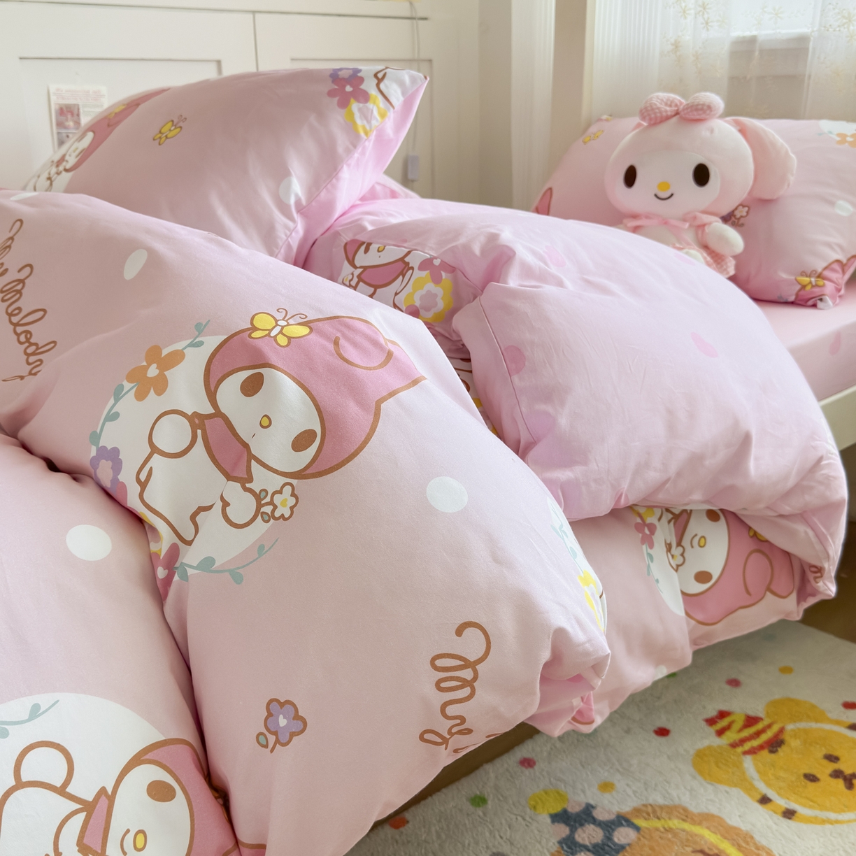 91家纺网 家纺一手货源 找家纺 浩诚 2025新款三丽鸥专版花型全棉纯棉学生三件套四件套 粉雾