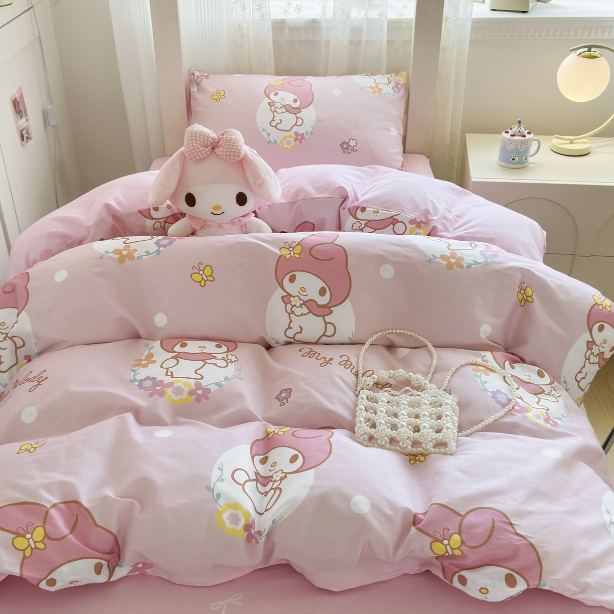 91家纺网 家纺一手货源 找家纺 浩诚 2025新款三丽鸥专版花型全棉纯棉学生三件套四件套 粉雾