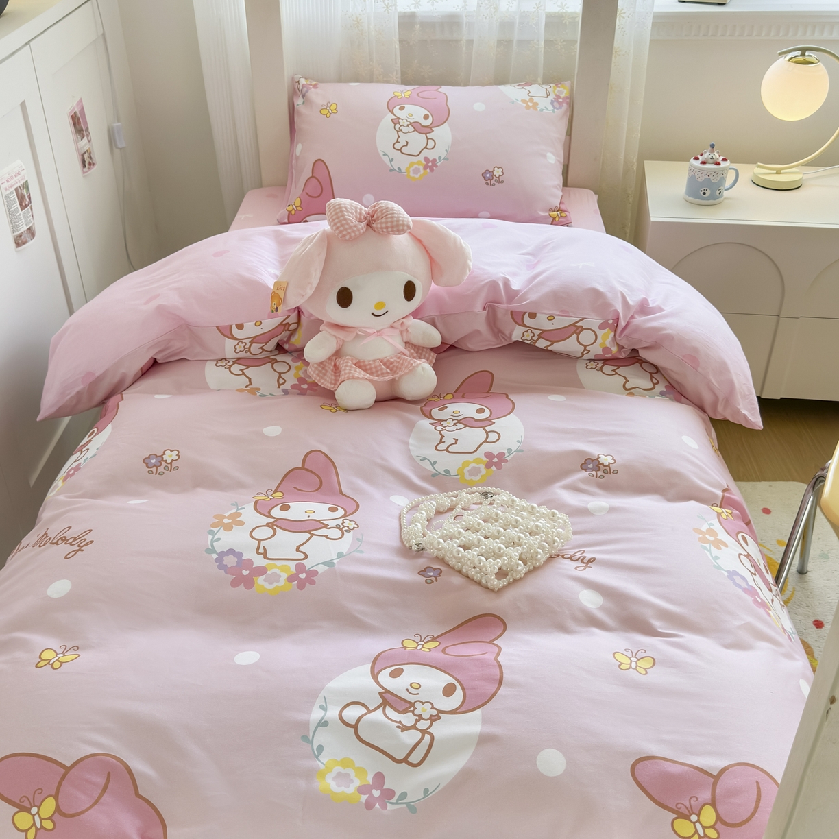 91家纺网 家纺一手货源 找家纺 浩诚 2025新款三丽鸥专版花型全棉纯棉学生三件套四件套 粉雾