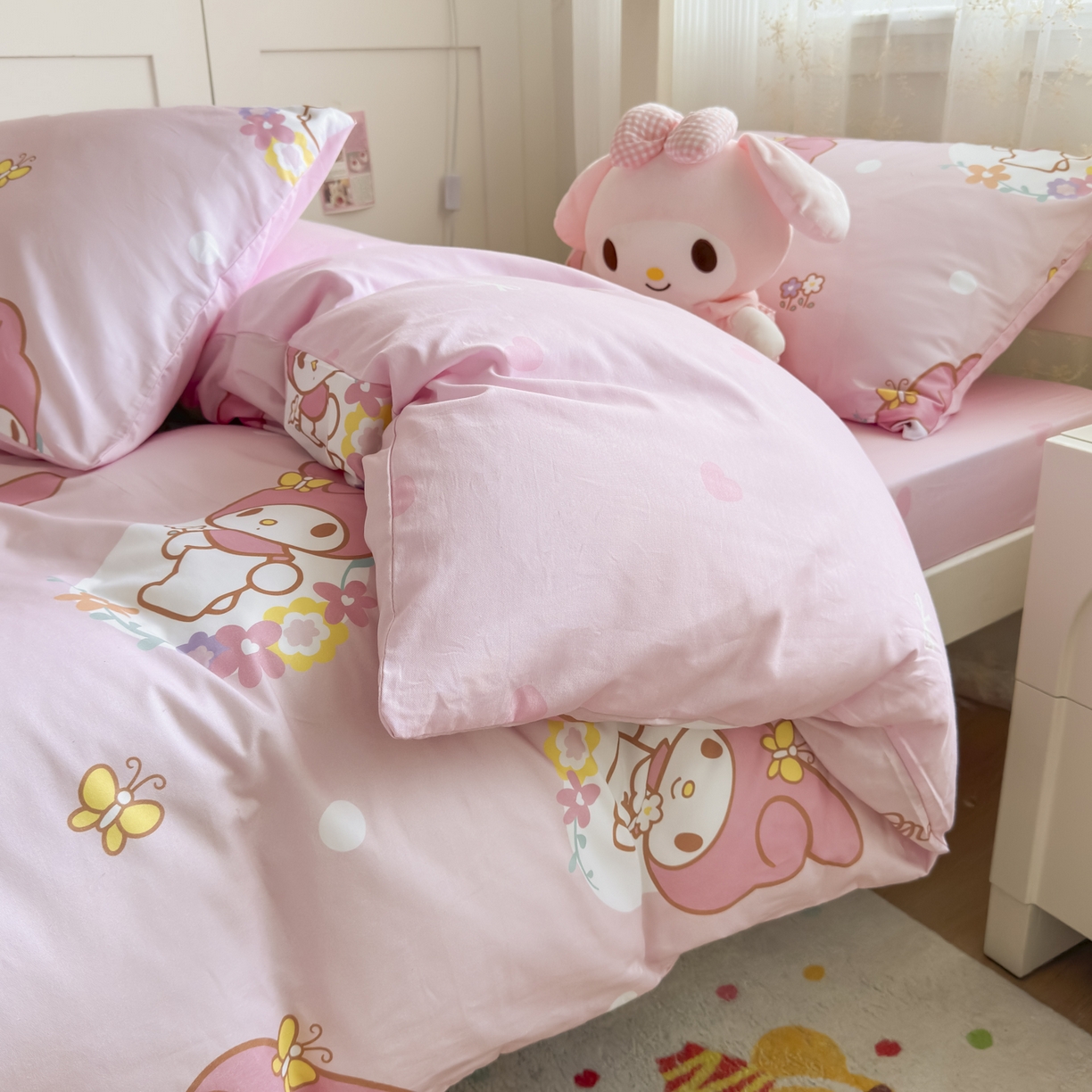 91家纺网 家纺一手货源 找家纺 浩诚 2025新款三丽鸥专版花型全棉纯棉学生三件套四件套 粉雾