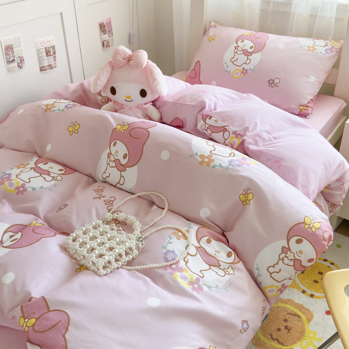 91家纺网 家纺一手货源 找家纺 浩诚 2025新款三丽鸥专版花型全棉纯棉学生三件套四件套 粉雾