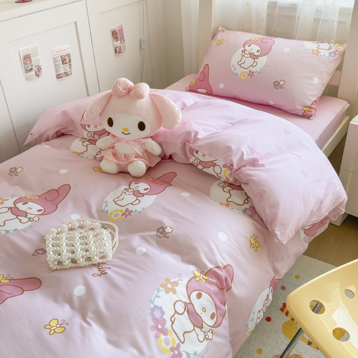 91家纺网 家纺一手货源 找家纺 浩诚 2025新款三丽鸥专版花型全棉纯棉学生三件套四件套 粉雾