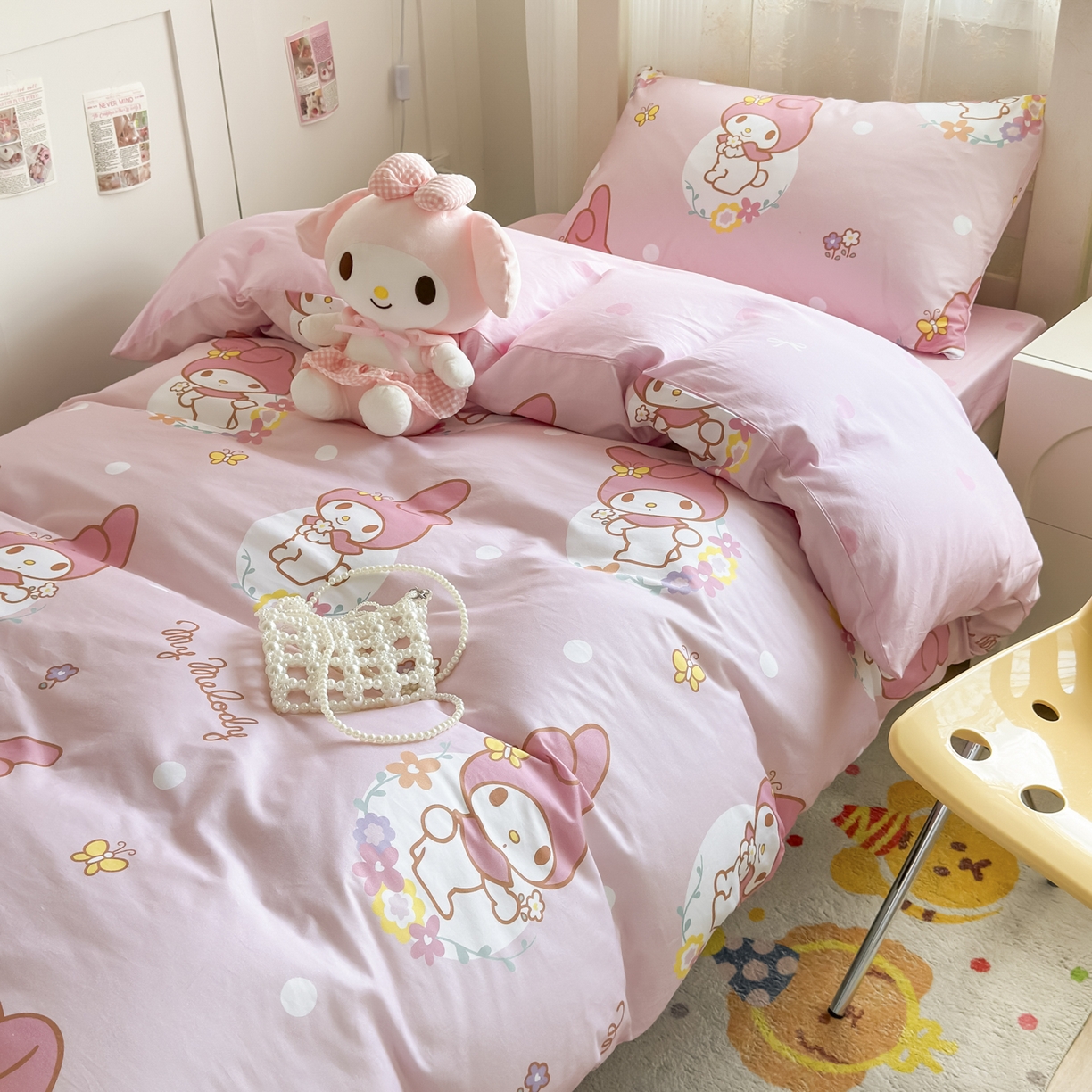 91家纺网 家纺一手货源 找家纺 浩诚 2025新款三丽鸥专版花型全棉纯棉学生三件套四件套 粉雾