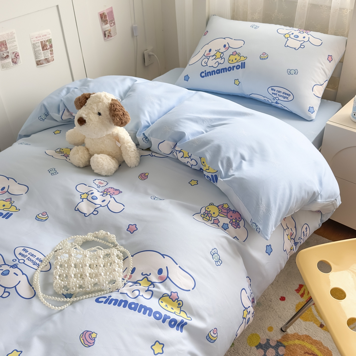 91家纺网 家纺一手货源 找家纺 浩诚 2025新款三丽鸥专版花型全棉纯棉学生三件套四件套 奶霜