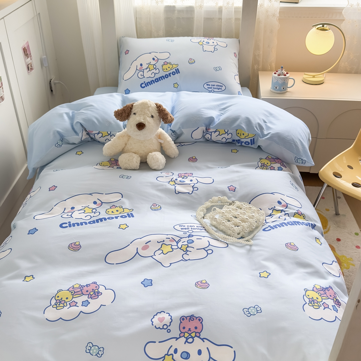 91家纺网 家纺一手货源 找家纺 浩诚 2025新款三丽鸥专版花型全棉纯棉学生三件套四件套 奶霜